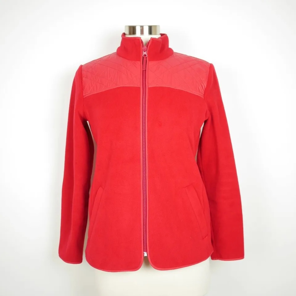 Talbots red fleece zip up jacket quilted accents on yoke and elbows EUC XL